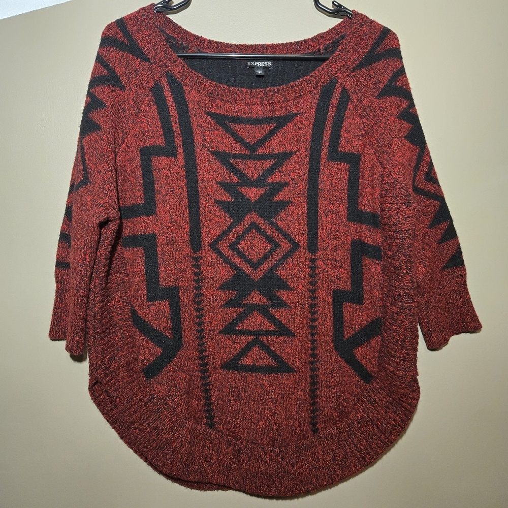 Express Women’s Sweater Red Black Aztec Geometric Wool 3/4 Sleeve Warm Small